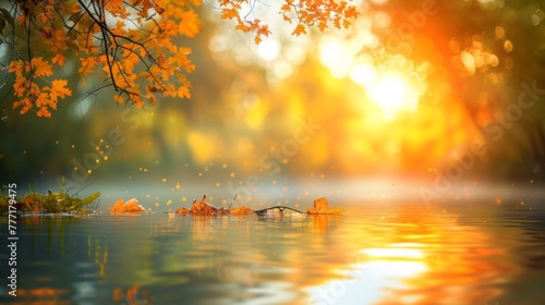 A lake with leaves floating on the surface and sun shining through, AI