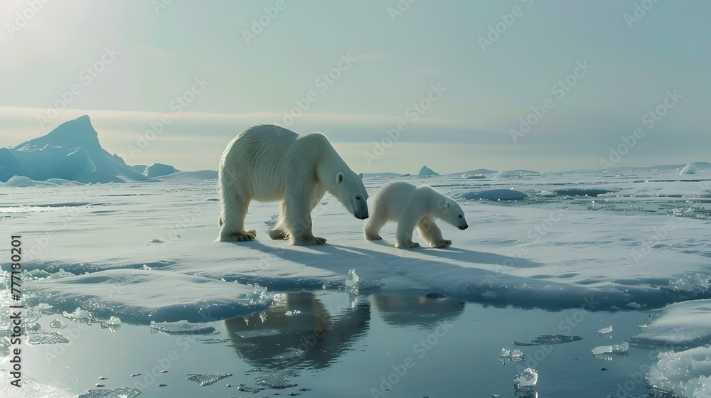 A polar bear and cub are walking at the North Pole and there is fog around indicating the coldness.