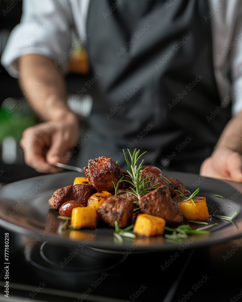 chef with a plate of roasted potatoes 