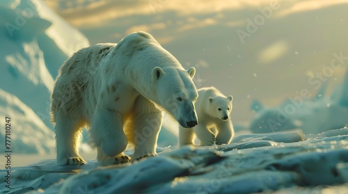 A polar bear and cub are walking at the North Pole and there is fog around indicating the coldness.