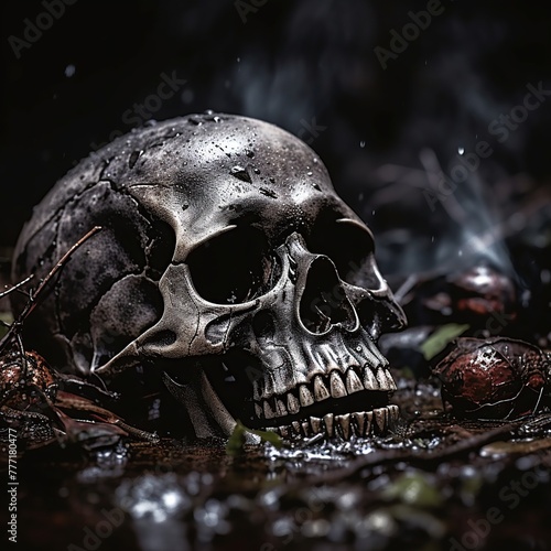 Still life with human skull on dark background. Halloween concept.