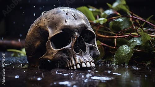 Still life with human skull and green leaves on wet background. Halloween concept