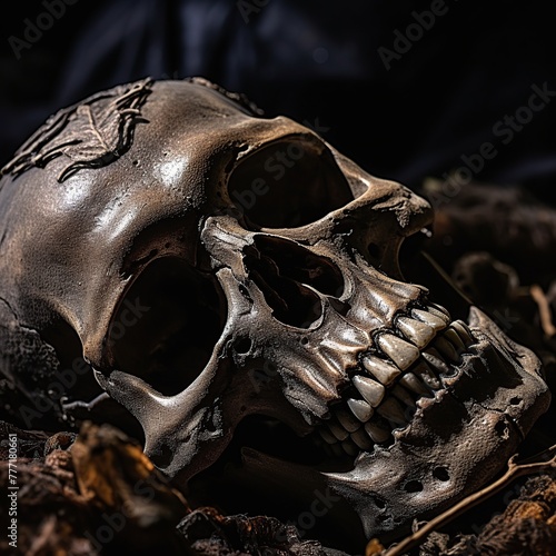 Still life with skull on wooden background, halloween concept