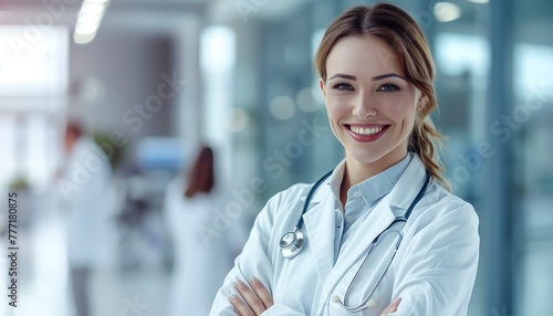 Femmes médecin souriante qui croise les bras dans un hospital photo