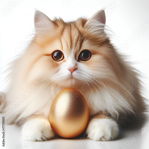 a fluffy cat with a golden egg in front of it,cute cat with the gold colour easter egg on white background,cute cat and easter egg illustrations photo