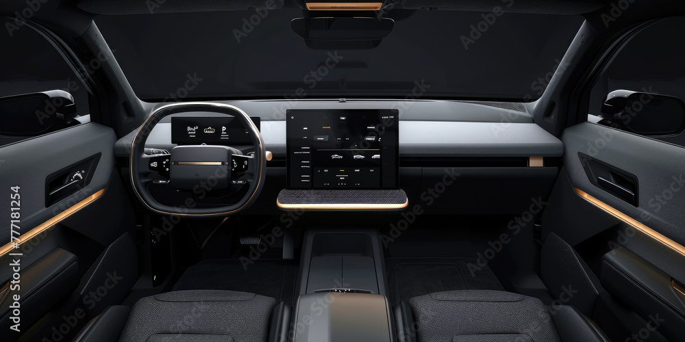 A modern car dashboard, characterized by clean lines and a minimalist aesthetic