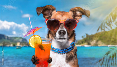 A dog drinks a cocktail on the beach wearing sunglasses. Selective focus. © netsay