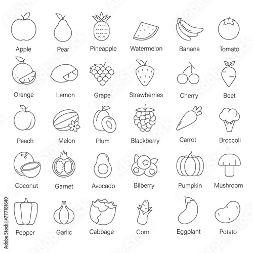 Set of vegetables and fruits with names line icons illustration