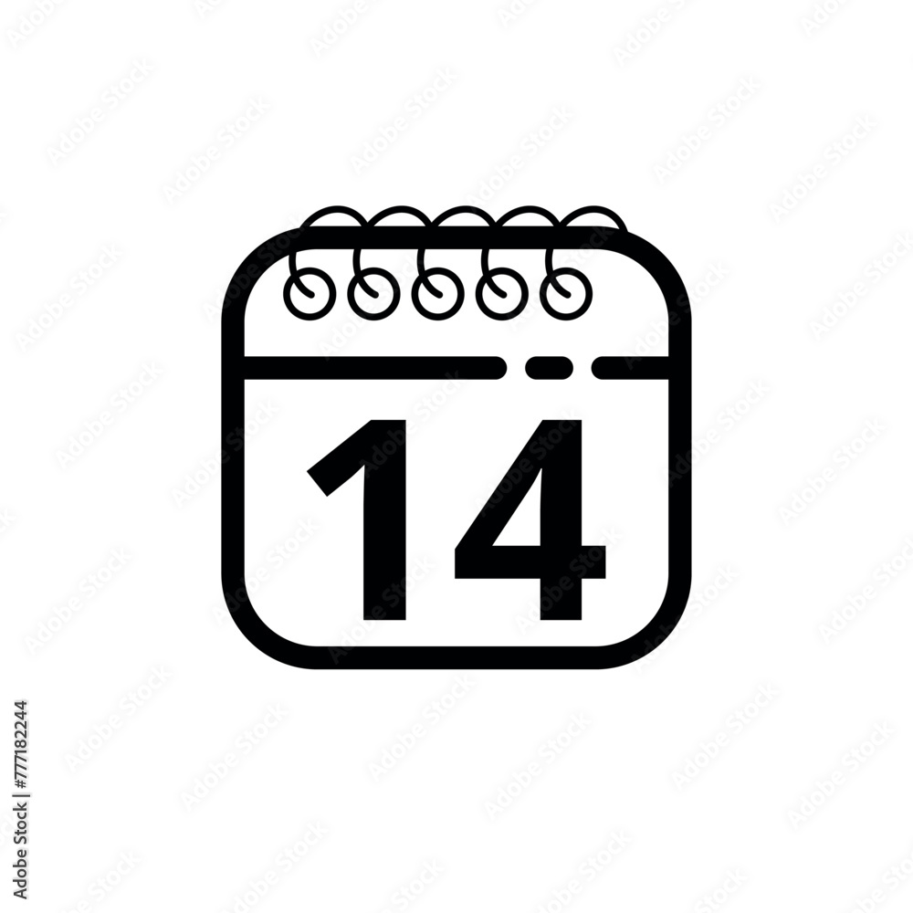 Hollow calendar simple icon isolated on white background. Calendar flat icon with specific day, day 14. Hollow calendar simple icon isolated on white background. Calendar flat icon with specific day, day 14.