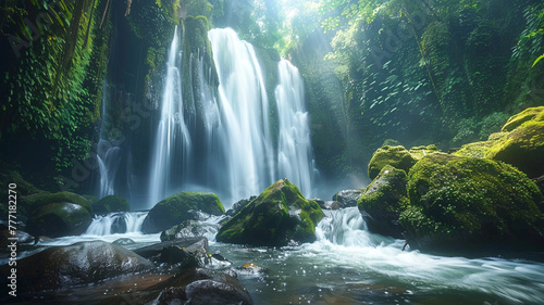 Picturesque waterfall surrounded by moss-covered rocks in a lush rainforest.