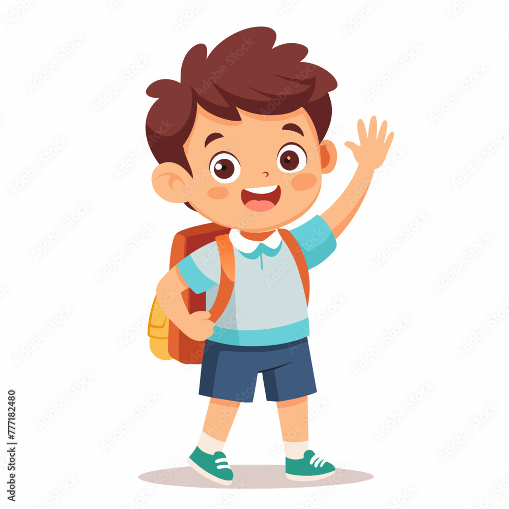 Generate an image of a happy child waving goodbye to their parents, ready for school, with a school bag 