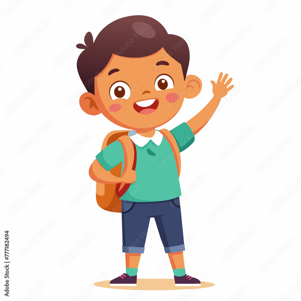 Generate an image of a happy child waving goodbye to their parents, ready for school, with a school bag 