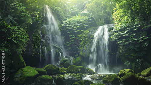 Picturesque waterfall surrounded by moss-covered rocks in a lush rainforest.