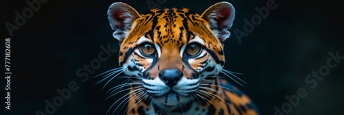 Male ocelot and cute kitten portrait with ample space on the left for customizable text