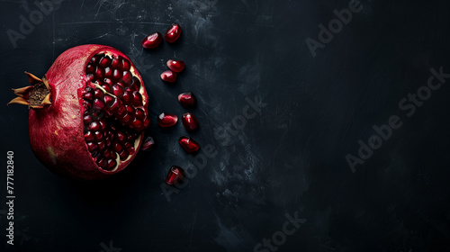 Ripe pomegranate with seeds scattered on a dark textured background. Still life with copy space. Health and superfood concept for design and print