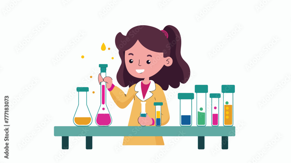 Cartoon girl doing chemical experiment flat vector isolated