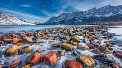 A view of the colourful rocks at Driftwood beach from across a frozen Waterton Lakes in the winter photo