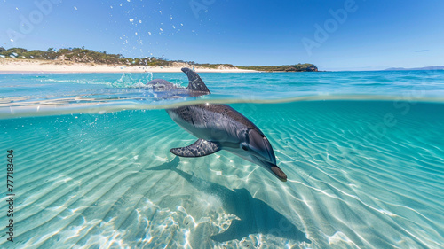 Playful dolphin leaping out of the crystal-clear ocean.