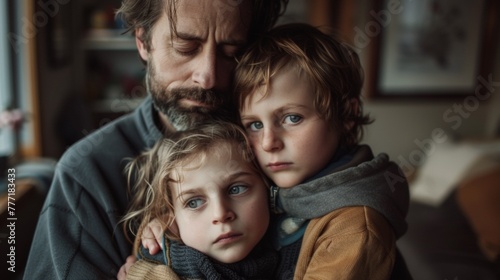 A man hugging two children in a dark room, AI