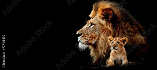 Male lion and lion cub portrait with negative space for text  object on right side