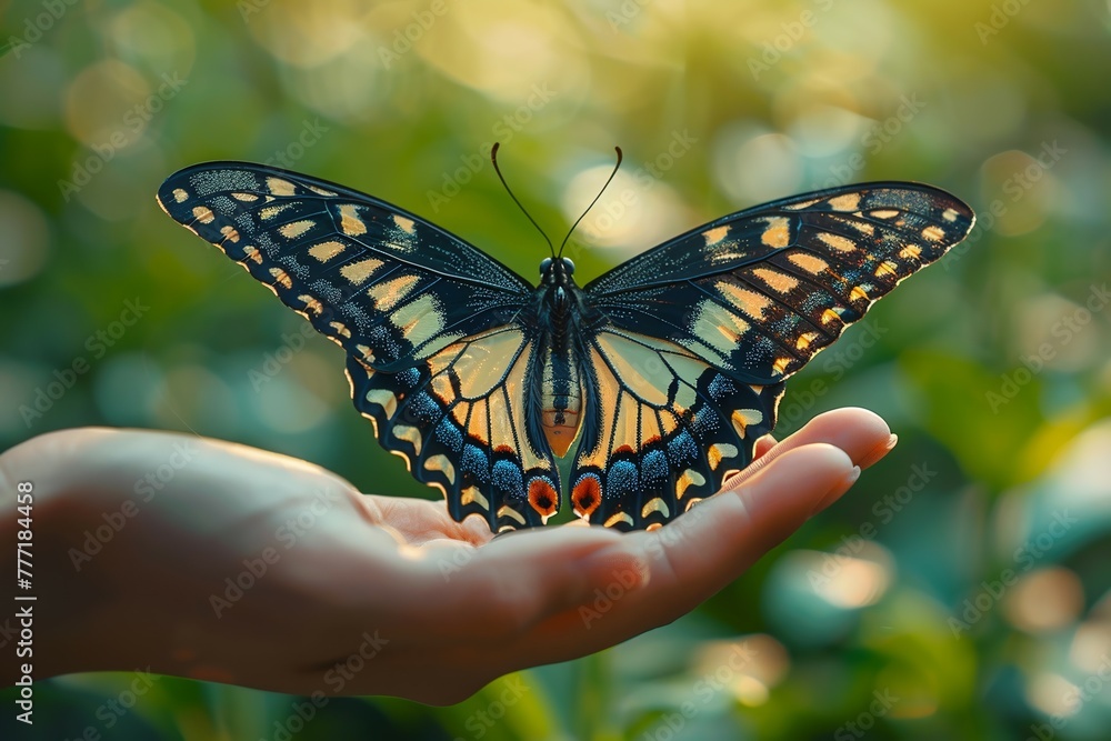 Butterfly on an open palm, a green background Butterfly on an open palm, a green background