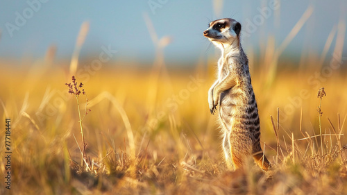 Playful meerkat standing tall on its hind legs.