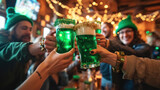 friends in a pub clink glasses with green beer, festive atmosphere, glowing gerdyands in the background, banner
