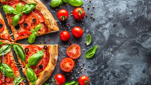 Rustic pizza on black background with tomato and cheese, italian fast food concept