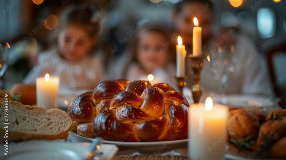 Jewish happy family have a dinner with candles and challah bread on the table, blurry background. Traditional Jewish holiday concept. Generative ai - obrazy, fototapety, plakaty 