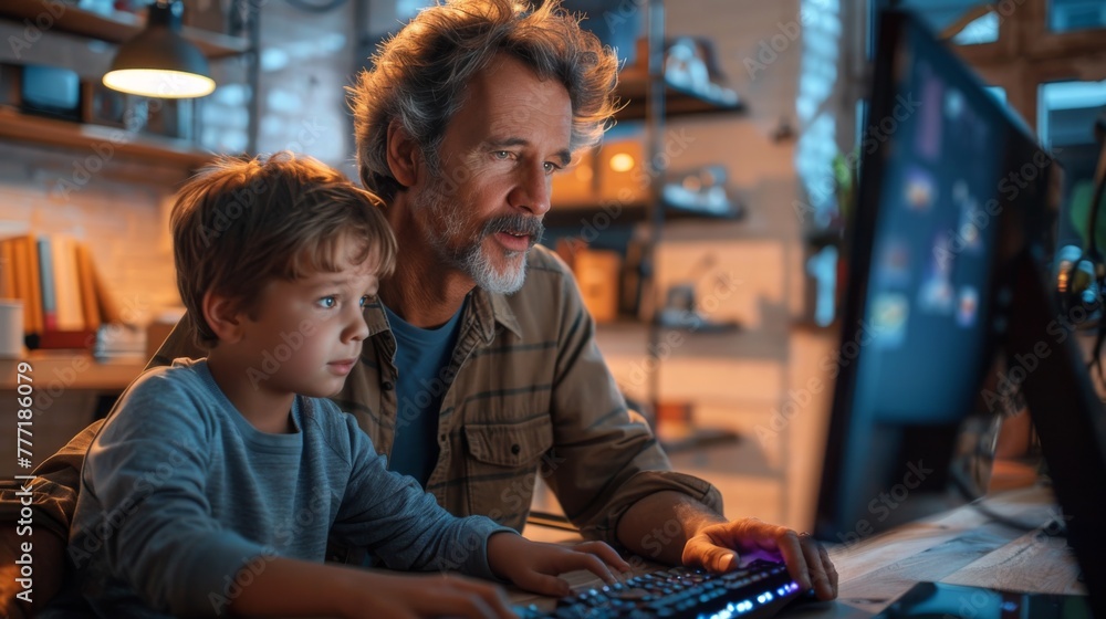 Happy family father and son playing a PC game together with gaming console, digital native, Gen Alpha. Generative ai Happy family father and son playing a PC game together with gaming console, digital native, Gen Alpha. Generative ai