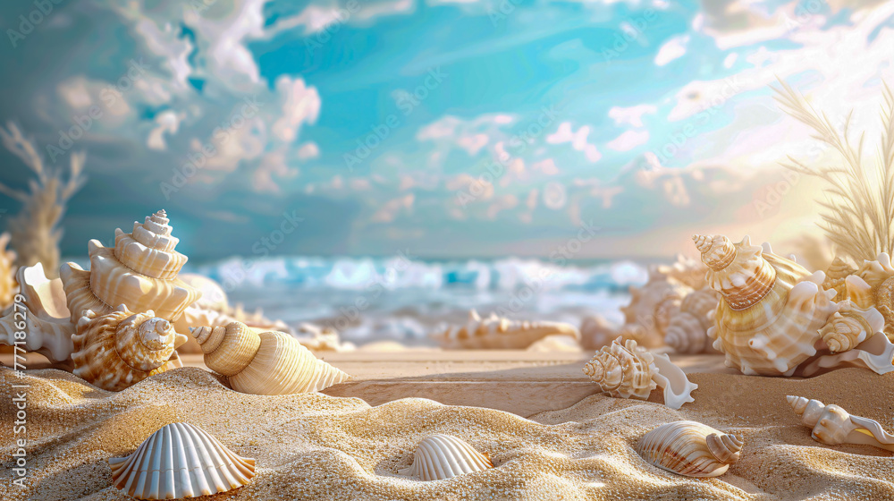 Exotic beach with tropical shells, paradise coast for vacation, natures sunny seascape Exotic beach with tropical shells, paradise coast for vacation, natures sunny seascape