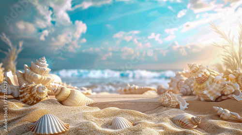 Exotic beach with tropical shells, paradise coast for vacation, natures sunny seascape © Jannatul