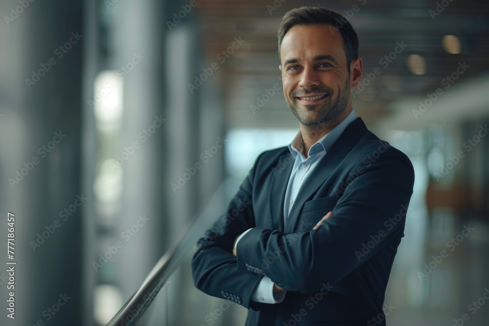 Naklejka premium Businessman Portrait. Confident businessman standing arms crossed smiling. businessman