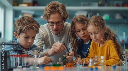 Adult teacher and three students playing with scientific tools on table in the children's science classroom. Back to school education concept. Generative ai