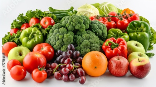 A pile of fruits and vegetables are arranged on a white background, AI