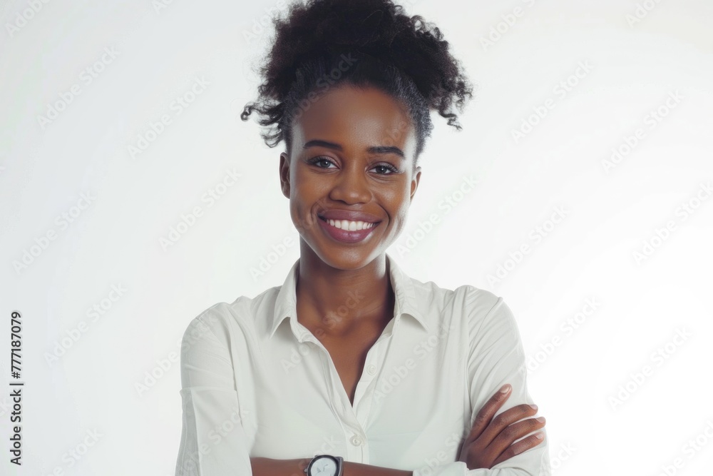 Happy successful African American businesswoman smiling confidently. Happy successful African American businesswoman smiling confidently.
