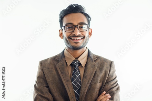 Indian business man smiling isolated on a white background.