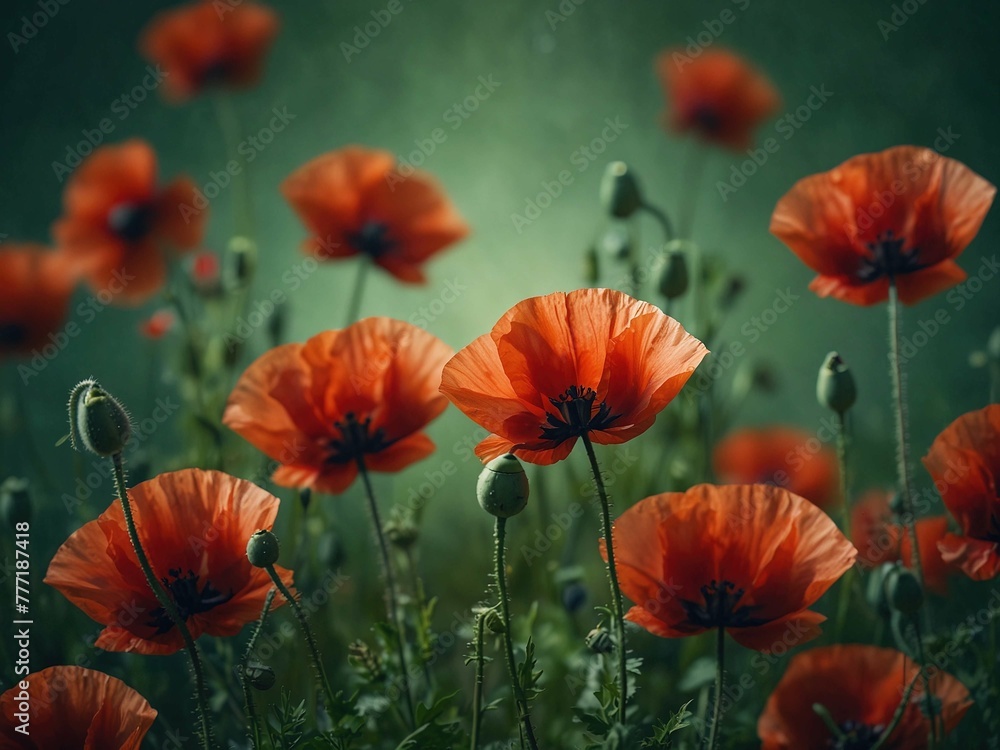 Blooming red poppies on a copyspace above green background