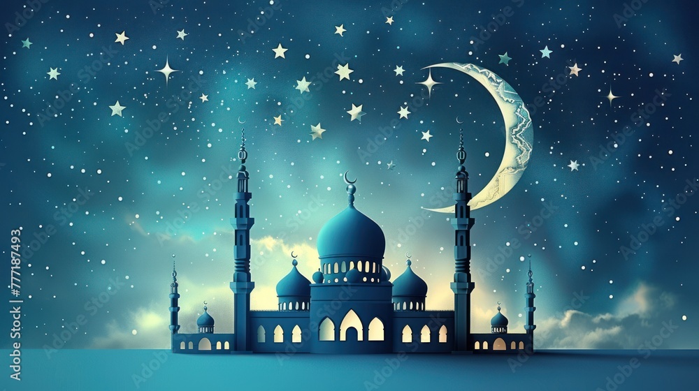 Eid celebration backdrop with a majestic mosque and a radiant crescent moon in a star-filled sky