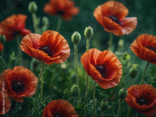 Blooming red poppies on a copyspace above green background
