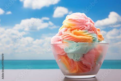 Rainbow ice cream on the beach. Colorful delight of rainbow ice cream against the backdrop of a serene beach setting. photo