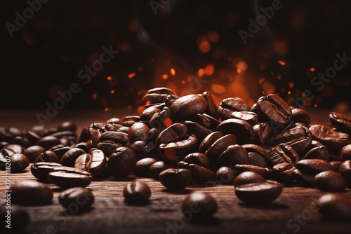 Coffee beans on a wooden table with smoke and fire. Warmth and aroma of freshly roasted coffee beans amidst the gentle smoke.