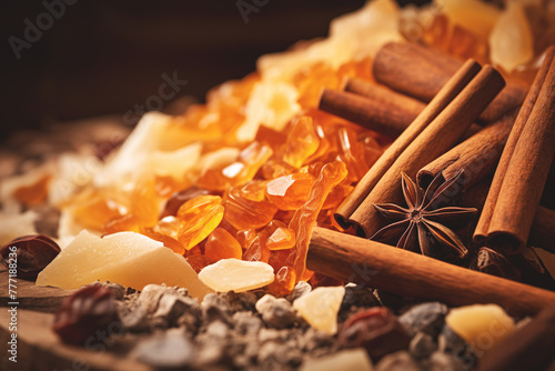 Heaps of amber and spices. Explore a world of flavors and aromas with this vibrant assortment of oriental perfume ingredients. © iconogenic