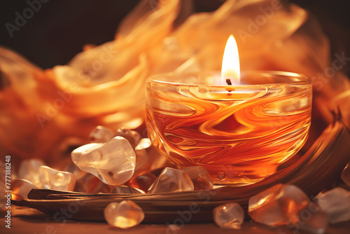 A candle with flames and amber crystals. Warm glow of candlelight dancing amidst shimmering crystals, casting a spell of tranquility.