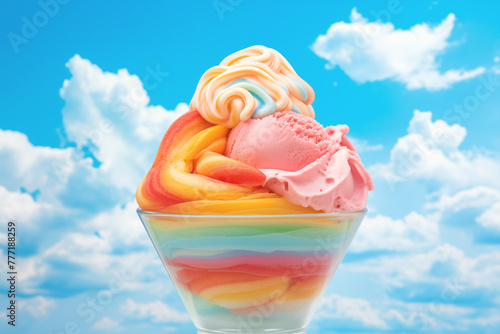Rainbow ice cream with a blue sky background. Refreshing treat under the sunny skies. © iconogenic