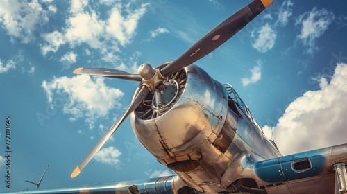Vintage airplane close-up with propeller and cockpit against a blue sky with fluffy clouds, evoking the golden age of aviation