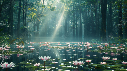 minimalistic forest with ray of sun and reflections in the water, flowers in the water  photo