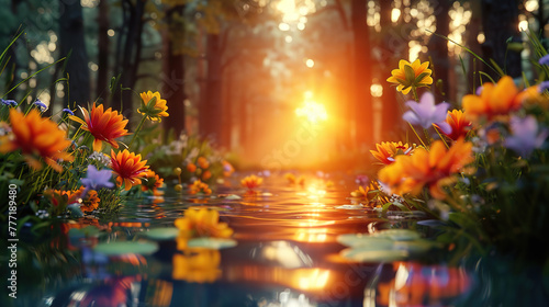 minimalistic forest with ray of sun and reflections in the water  flowers in the water 
