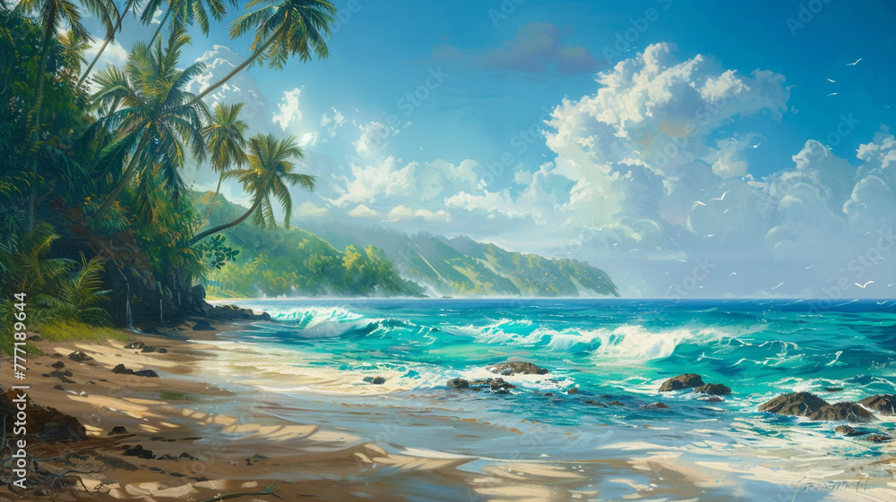 Serene coastal scene with a sandy beach, turquoise waters, and palm trees.