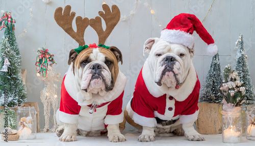english bulldogs dressed up as santa and rudolph © netsay